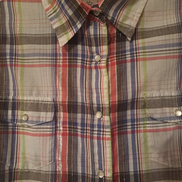 Wrangler Women's Plaid Pearl Snap Front Long Sleeve Top Sz Large or Med Fit - Picture 5 of 9